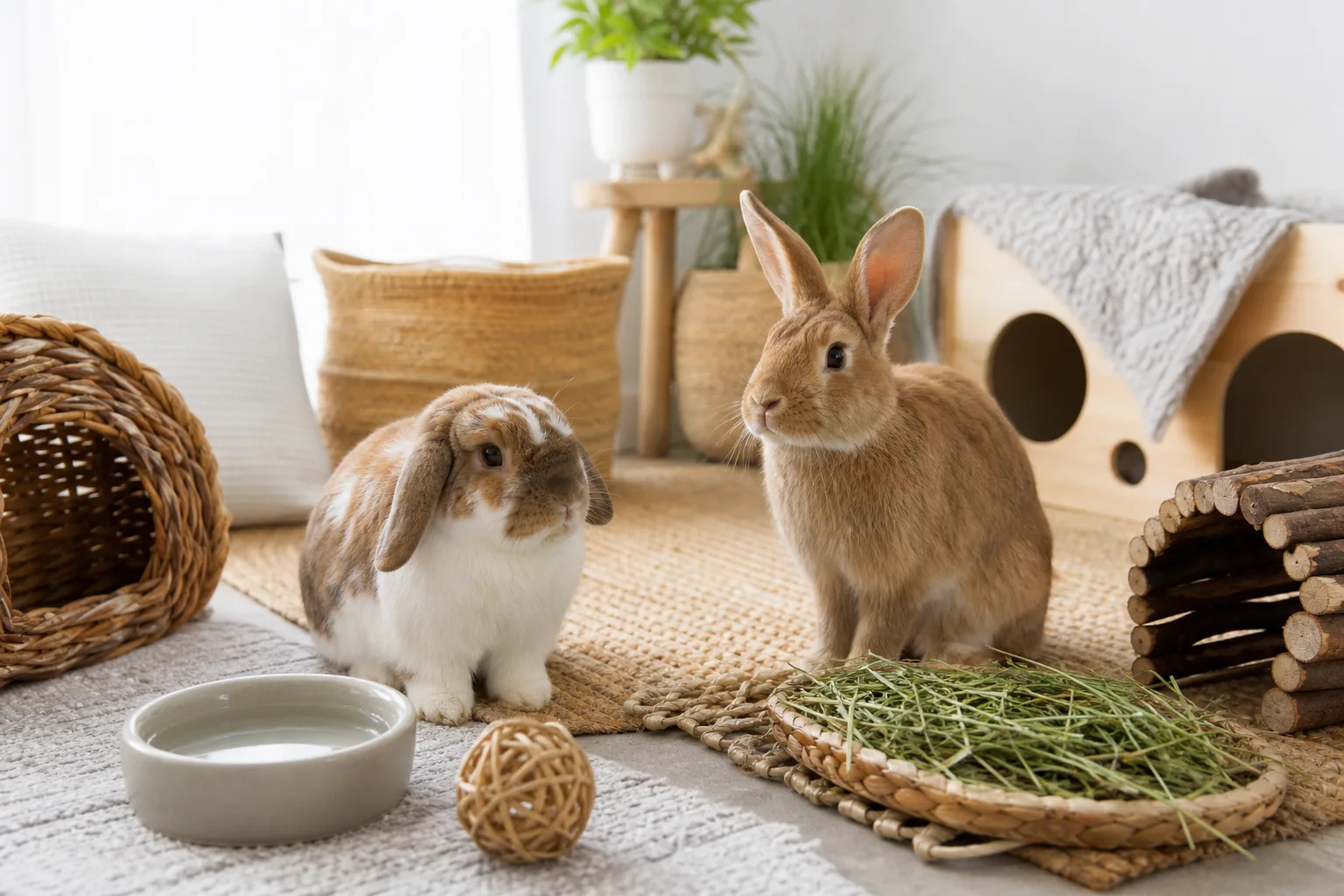 Homepage hero image showing two healthy indoor rabbits in a warm, spacious home setup.